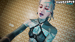 Heavy Tattoos & Piercings - Thigh High Leather Boots, Extreme Anal Stretch on Huge Black Dildo Chair