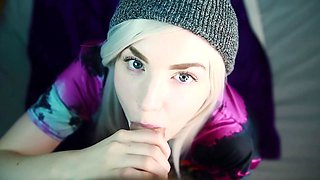 Blonde teen girlfriend gives a pov blowjob in a hotel