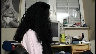Beautiful black haired babe wearing stockings and high heels gets fucked deeply
